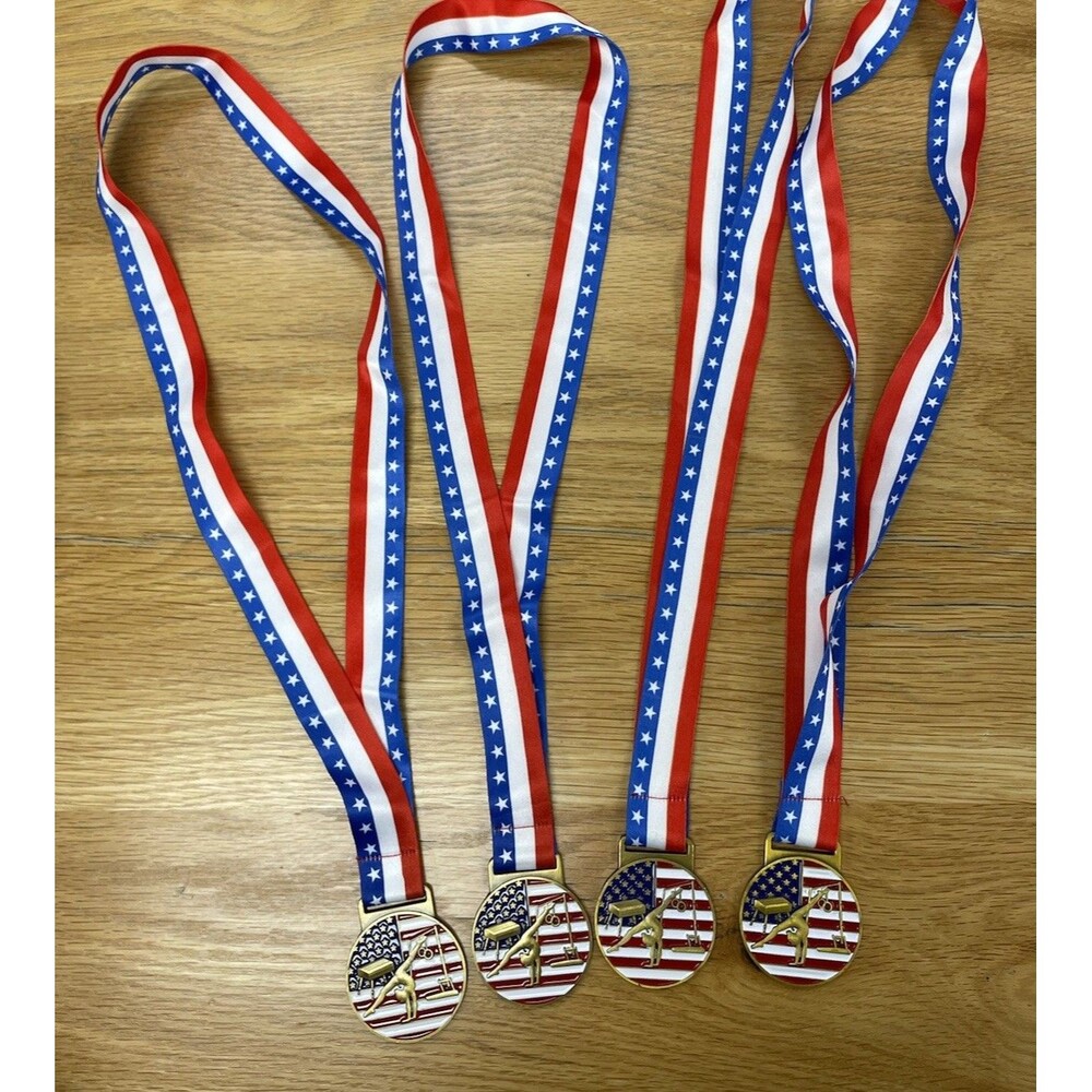 USA Gymnastics 4 Medals Brass Awards With Red White Blue Neck Ribbon Straps